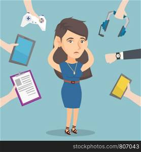 Young caucasian woman clutching head and many hands with gadgets around her. Woman in despair surrounded by gadgets. Woman using many electronic gadgets. Vector cartoon illustration. Square layout.. Young caucasian woman surrounded by her gadgets.