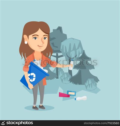 Young caucasian woman collecting garbage in a recycle bin in the forest. Woman picking up garbage and putting it in a recycling bin. Waste recycling concept. Vector cartoon illustration. Square layout. Caucasian woman collecting garbage in the forest.