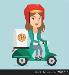 Young caucasian woman delivering pizza on a scooter. Worker of delivery service of pizza driving a motorbike and delivering pizza. Concept of food delivery. Vector cartoon illustration. Square layout.. Caucasian woman delivering pizza on scooter.