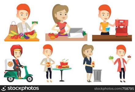 Young caucasian woman delivering pizza on scooter. Courier driving a motorbike and delivering pizza. Concept of food delivery. Set of vector flat design illustrations isolated on white background.. Vector set of people eating and drinking.