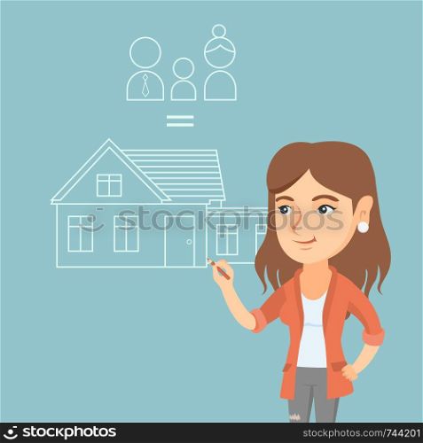 Young caucasian woman drawing a family house. Smiling happy woman drawing a house with a family. Woman dreaming about future life in a new family house. Vector cartoon illustration. Square layout.. Young caucasian woman drawing her family house.