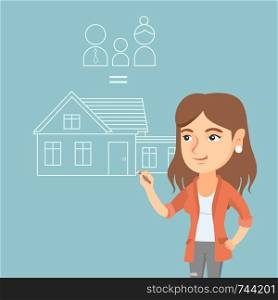 Young caucasian woman drawing a family house. Smiling happy woman drawing a house with a family. Woman dreaming about future life in a new family house. Vector cartoon illustration. Square layout.. Young caucasian woman drawing her family house.
