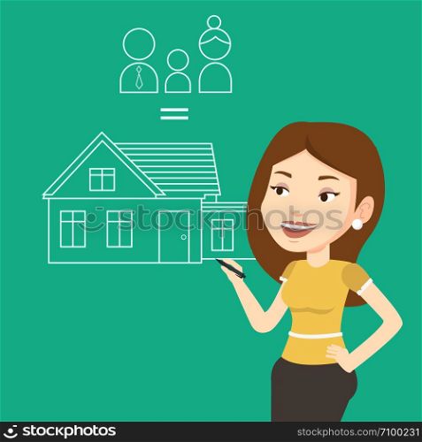 Young caucasian woman drawing family house. Smiling woman drawing a house with a family. Happy woman dreaming about future life in a new family house. Vector flat design illustration. Square layout.. Young woman drawing her family house.