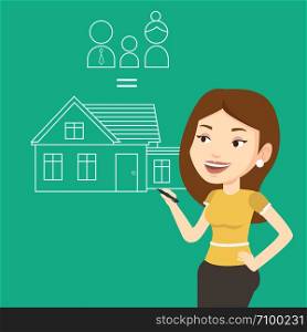 Young caucasian woman drawing family house. Smiling woman drawing a house with a family. Happy woman dreaming about future life in a new family house. Vector flat design illustration. Square layout.. Young woman drawing her family house.
