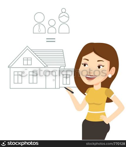 Young caucasian woman drawing family house. Woman drawing a house with a family. Woman dreaming about future life in a new family house. Vector flat design illustration isolated on white background.. Young woman drawing her family house.