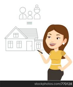 Young caucasian woman drawing family house. Woman drawing a house with a family. Woman dreaming about future life in a new family house. Vector flat design illustration isolated on white background.. Young woman drawing her family house.
