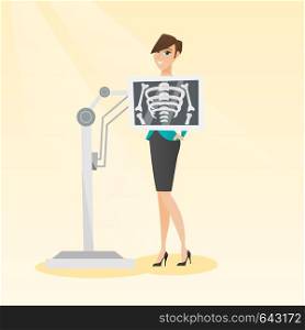 Young caucasian woman during chest x ray procedure. Smiling woman with a x ray screen showing skeleton. Happy female patient visiting a roentgenologist. Vector flat design illustration. Square layout.. Patient during x ray procedure vector illustration