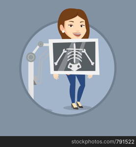 Young caucasian woman during chest x ray procedure. Woman with x ray screen showing her skeleton. Patient visiting roentgenologist. Vector flat design illustration in the circle isolated on background. Patient during x ray procedure vector illustration
