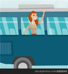 Young caucasian woman enjoying her trip by bus. Happy passenger waving hand from bus window. Cheerful tourist peeking out of bus window and waving hand. Vector cartoon illustration. Square layout.. Young caucasian woman waving hand from bus window.