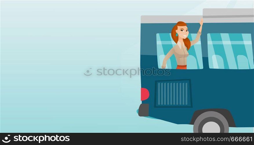Young caucasian woman enjoying her trip by bus. Happy passenger waving hand from bus window. Cheerful tourist peeking out of bus window and waving hand. Vector cartoon illustration. Horizontal layout.. Young caucasian woman waving hand from bus window.