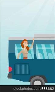 Young caucasian woman enjoying her trip by bus. Happy passenger waving hand from bus window. Cheerful tourist peeking out of bus window and waving hand. Vector cartoon illustration. Vertical layout.. Young caucasian woman waving hand from bus window.