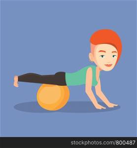Young caucasian woman exercising with fitball. Woman training triceps and biceps while doing push ups on fitball. Woman doing exercises on fitball. Vector flat design illustration. Square layout. Young woman exercising with fitball.