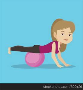 Young caucasian woman exercising with fitball. Woman training triceps and biceps while doing push ups on fitball. Woman doing exercises on fitball. Vector flat design illustration. Square layout. Young woman exercising with fitball.