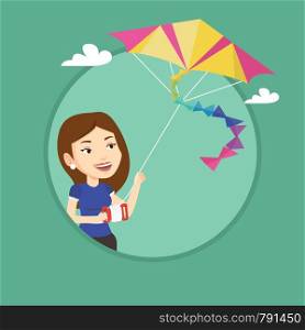 Young caucasian woman flying a colourful kite. Caucasian woman controlling a kite. Happy woman walking with kite. Vector flat design illustration in the circle isolated on background.. Young woman flying kite vector illustration.