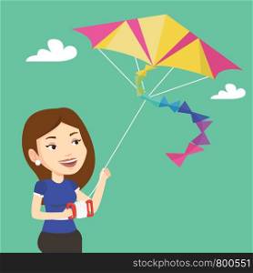 Young caucasian woman flying a colourful kite. Caucasian woman controlling a kite. Happy woman walking with kite. Vector flat design illustration. Square layout.. Young woman flying kite vector illustration.