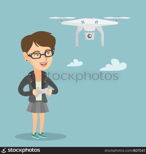 Young caucasian woman flying drone with a remote control. Woman operating a drone with a remote control. Woman controling a drone. Vector cartoon illustration. Square layout.. Young caucasian woman flying drone.