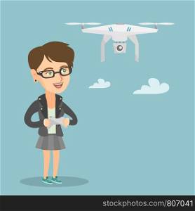 Young caucasian woman flying drone with a remote control. Woman operating a drone with a remote control. Woman controling a drone. Vector cartoon illustration. Square layout.. Young caucasian woman flying drone.