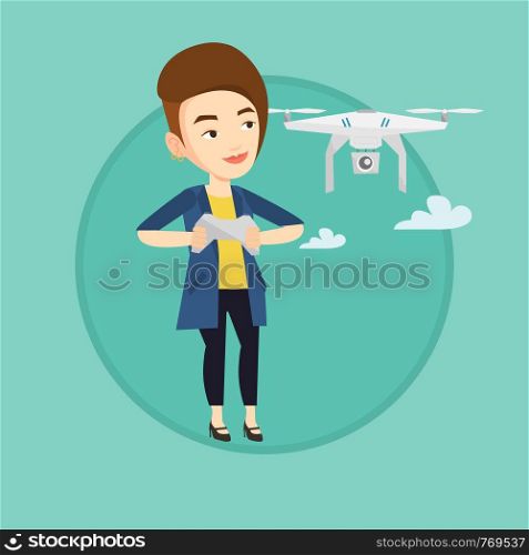 Young caucasian woman flying drone with remote control. Woman operating a drone with remote control. Woman controling a drone. Vector flat design illustration in the circle isolated on background.. Woman flying drone vector illustration.