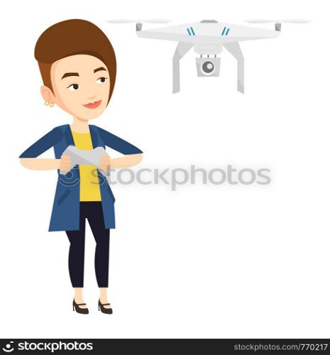 Young caucasian woman flying drone with remote control. Woman operating a drone with remote control. Woman controling a drone. Vector flat design illustration isolated on white background.. Woman flying drone vector illustration.