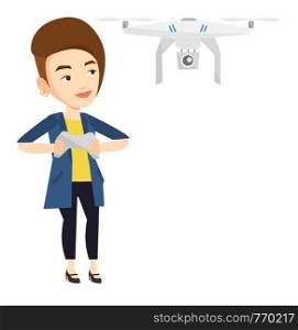 Young caucasian woman flying drone with remote control. Woman operating a drone with remote control. Woman controling a drone. Vector flat design illustration isolated on white background.. Woman flying drone vector illustration.