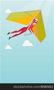 Young caucasian woman flying on hang-glider. Sportswoman taking part in hang gliding competitions. Woman having fun while gliding on deltaplane in sky. Vector flat design illustration. Vertical layout. Young caucasian woman flying on hang-glider.