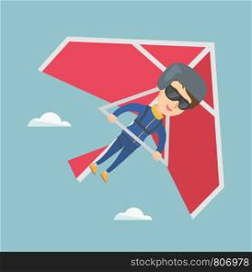 Young caucasian woman flying on hang-glider. Sportswoman taking part in hang gliding competitions. Woman having fun while gliding on deltaplane in sky. Vector cartoon illustration. Square layout.. Young caucasian woman flying on hang-glider.