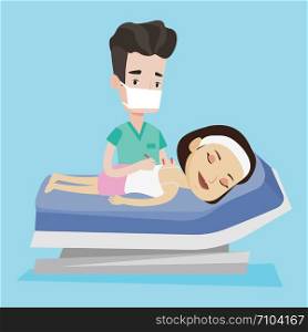 Young caucasian woman getting acupuncture treatment in a spa center. Acupuncturist doctor performing acupuncture therapy on back of a customer at salon. Vector flat design illustration. Square layout.. Acupuncturist doctor making acupuncture therapy.