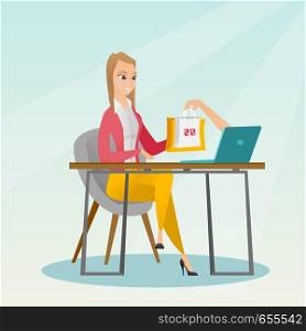 Young caucasian woman getting shopping bags from a laptop. Happy woman making an online order in a virtual shop. Woman using laptop for online shopping. Vector flat design illustration. Square layout.. Caucasian woman getting shopping bags from laptop.