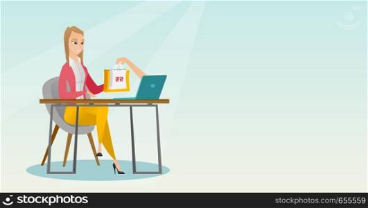 Young caucasian woman getting shopping bags from a laptop. Woman making an online order in a virtual shop. Woman using laptop for online shopping. Vector flat design illustration. Horizontal layout.. Caucasian woman getting shopping bags from laptop.
