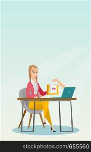 Young caucasian woman getting shopping bags from a laptop. Woman making an online order in a virtual shop. Woman using laptop for online shopping. Vector flat design illustration. Vertical layout.. Caucasian woman getting shopping bags from laptop.