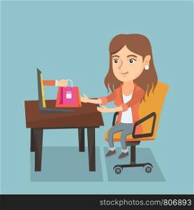 Young caucasian woman getting shopping bags from a laptop. Happy woman making an online order in a virtual shop. Woman using a laptop for online shopping. Vector cartoon illustration. Square layout.. Caucasian woman getting shopping bags from laptop.