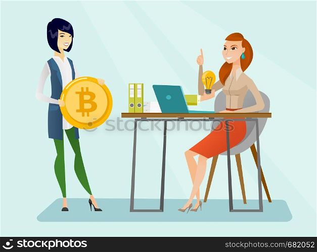 Young caucasian woman got an idea and investment in the form of bitcoin coin for her cryptocurrency project. Concept of investment, startup, ICO initial coin offering. Vector cartoon illustration.. Successful promotion of new cryptocurrency startup