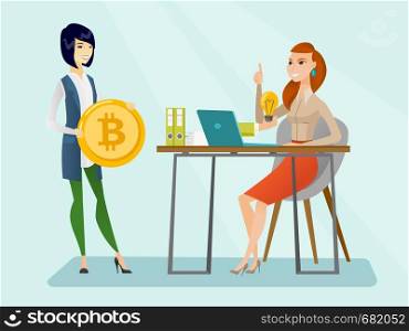 Young caucasian woman got an idea and investment in the form of bitcoin coin for her cryptocurrency project. Concept of investment, startup, ICO initial coin offering. Vector cartoon illustration.. Successful promotion of new cryptocurrency startup