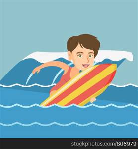 Young caucasian woman having fun during execution of a move on an ocean wave. Happy surfer in action on a surfboard. Lifestyle and water sport concept. Vector cartoon illustration. Square layout.. Young caucasian surfer in action on a surfboard.