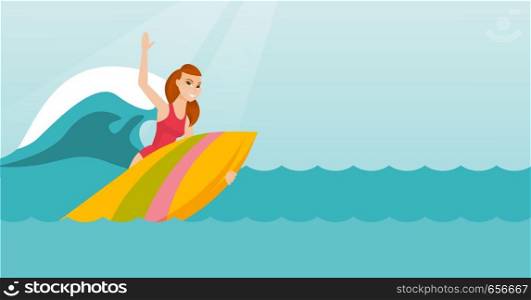 Young caucasian woman having fun during execution of move on an ocean wave. Happy surfer in action on a surfboard. Lifestyle and water sport concept. Vector flat design illustration. Horizontal layout. Young caucasian surfer in action on a surfboard.
