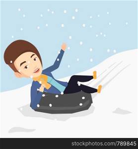 Young caucasian woman having fun while sledding on snow rubber tube in mountains. Woman riding on snow rubber tube. Woman sitting in snow rubber tube. Vector flat design illustration. Square layout.. Woman sledding on snow rubber tube in mountains.