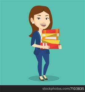 Young caucasian woman holding a pile of educational books in hands. Female student carrying huge stack of books. Student preparing for exam with books. Vector flat design illustration. Square layout.. Woman holding pile of books vector illustration.