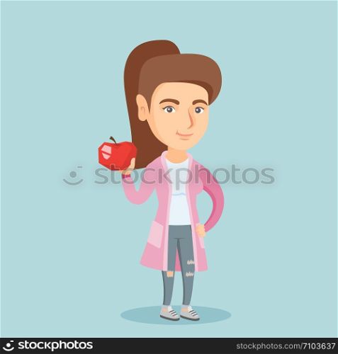 Young caucasian woman holding a red healthy apple in hand. Full length of a smiling woman with a fresh healthy red apple. Concept of healthy nutrition. Vector cartoon illustration. Square layout.. Young caucasian woman holding an apple.