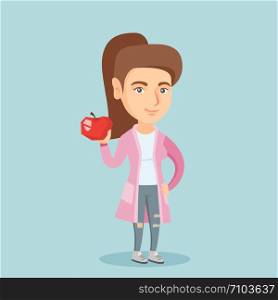 Young caucasian woman holding a red healthy apple in hand. Full length of a smiling woman with a fresh healthy red apple. Concept of healthy nutrition. Vector cartoon illustration. Square layout.. Young caucasian woman holding an apple.