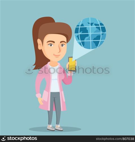 Young caucasian woman holding a smartphone with a model of the planet earth coming out of the device. Concept of international technology communication. Vector cartoon illustration. Square layout.. International technology communication.