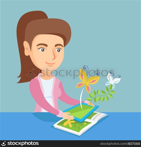 Young caucasian woman holding a tablet computer above the book and looking at butterflies flying out from the device. Concept of augmented reality. Vector cartoon illustration. Square layout.. Young woman holding tablet computer above the book