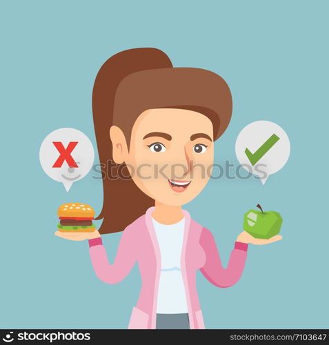 Young caucasian woman holding apple and hamburger. Woman choosing between apple and hamburger. Concept of choice between healthy and unhealthy nutrition. Vector cartoon illustration. Square layout.. Woman choosing between hamburger and cupcake.