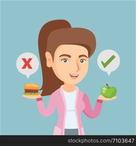 Young caucasian woman holding apple and hamburger. Woman choosing between apple and hamburger. Concept of choice between healthy and unhealthy nutrition. Vector cartoon illustration. Square layout.. Woman choosing between hamburger and cupcake.