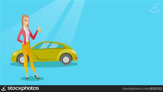 Young caucasian woman holding keys to her new car. Woman showing key to her new car. Smiling cheerful woman standing on the backgrond of new car. Vector flat design illustration. Horizontal layout.. Woman holding keys to her new car.