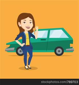Young caucasian woman holding keys to her new car. Happy woman showing key to her new car. Smiling woman standing on the backgrond of her new car. Vector flat design illustration. Square layout.. Woman holding keys to her new car.