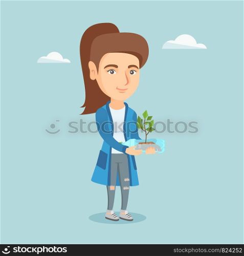 Young caucasian woman holding plastic bottle with plant growing inside. Woman holding plastic bottle used as a plant pot. Plastic recycling concept. Vector cartoon illustration. Square layout.. Woman holding plant growing in a plastic bottle.