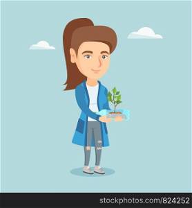 Young caucasian woman holding plastic bottle with plant growing inside. Woman holding plastic bottle used as a plant pot. Plastic recycling concept. Vector cartoon illustration. Square layout.. Woman holding plant growing in a plastic bottle.