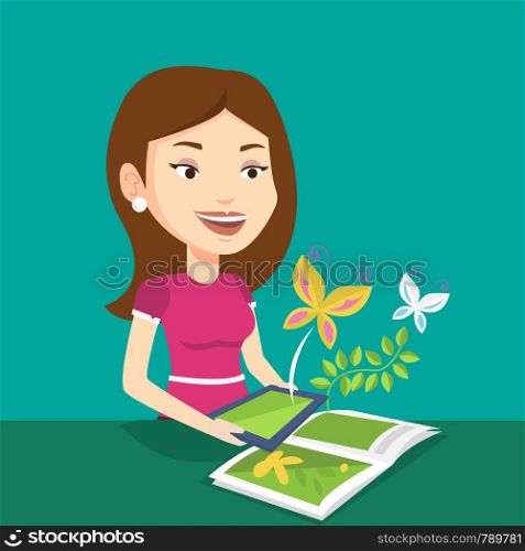Young caucasian woman holding tablet computer above the book. Woman looking at butterflies flying out from digital tablet. Concept of agmented reality. Vector flat design illustration. Square layout.. Augmented reality vector illustration.