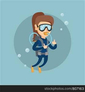Young caucasian woman in diving suit swimming underwater with scuba and showing thumb up. Scuba diver diving and giving thumb up. Woman enjoying the dive. Vector cartoon illustration. Square layout.. Young caucasian scuba diver giving thumb up.