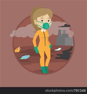 Young caucasian woman in gas mask standing on the background of nuclear power plant. Scientist wearing radiation protection suit. Vector flat design illustration in the circle isolated on background.. Woman in radiation protective suit.